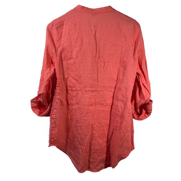 Crown & Ivy Top Women S Orange 100% Linen Roll Tab Sleeve Tunic Coastal Spring - Picture 2 of 8